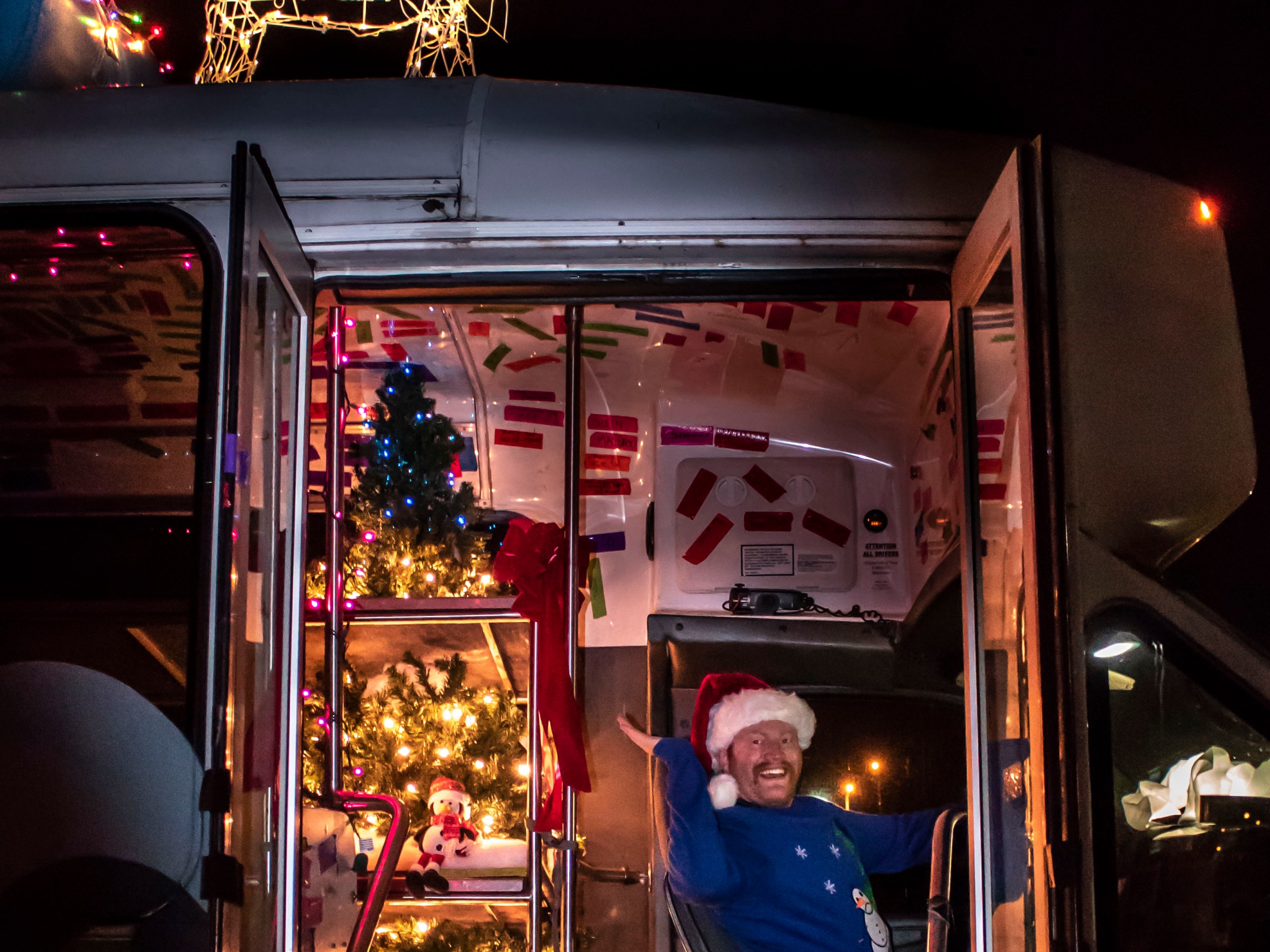 a store front at night
