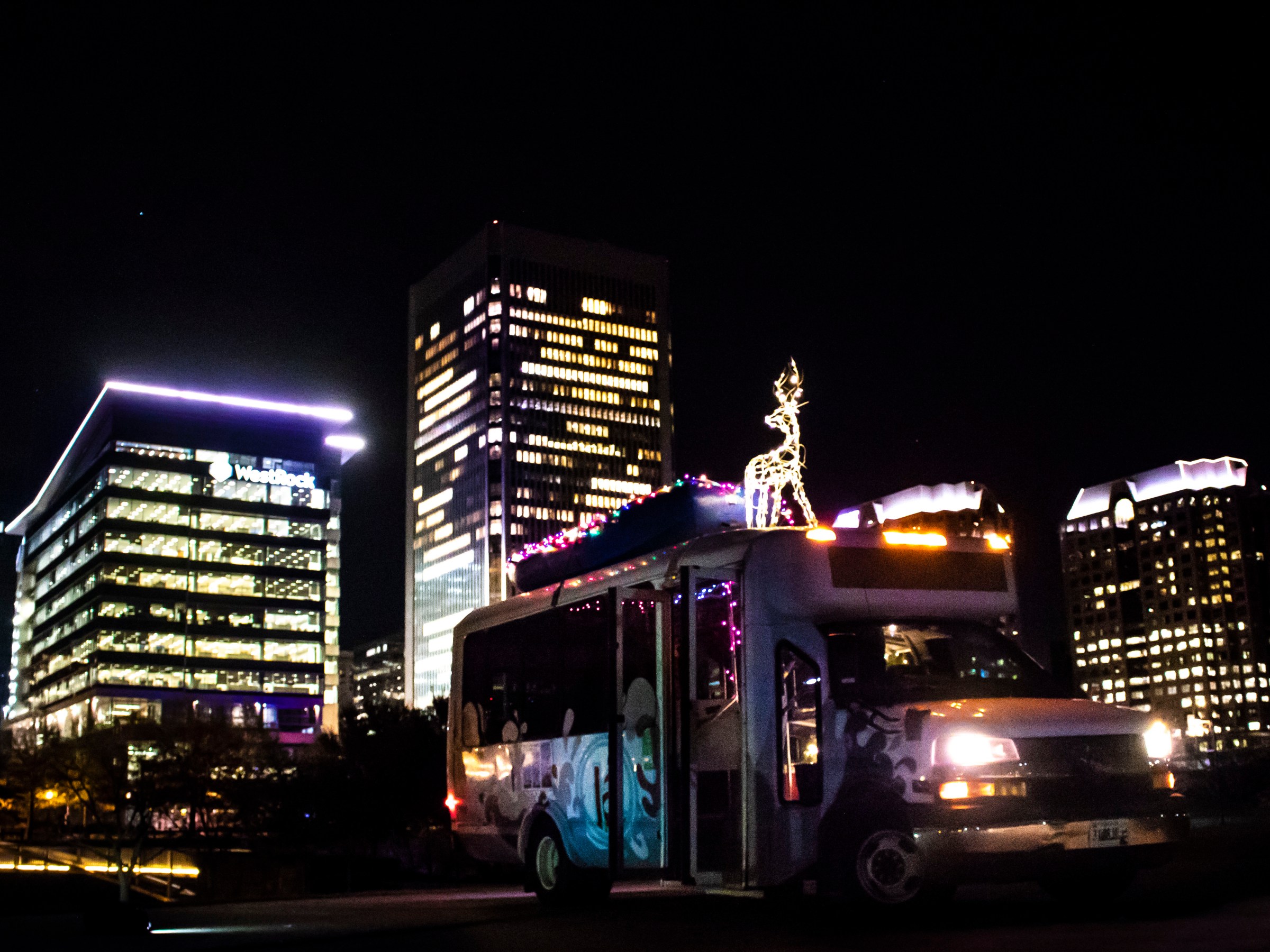 a lit up city at night