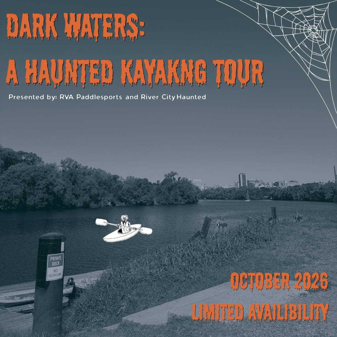 Poster for a haunted kayaking tour with eerie font and spider web border.