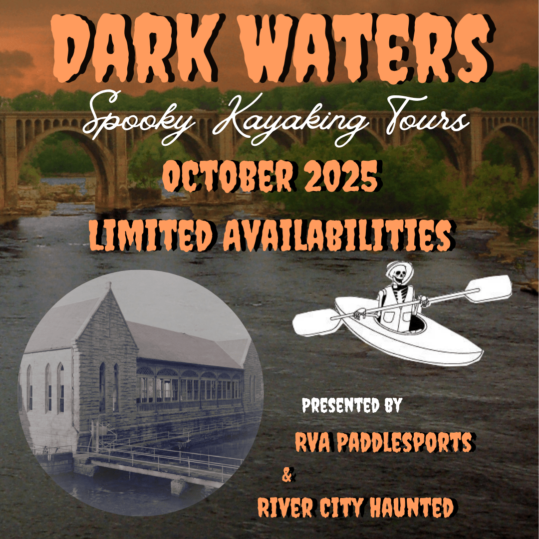 Untitled (Instagram Post) (1) Flyer for 'Dark Waters' spooky kayaking tours, October 2025, limited availabilities, features skeleton in kayak.